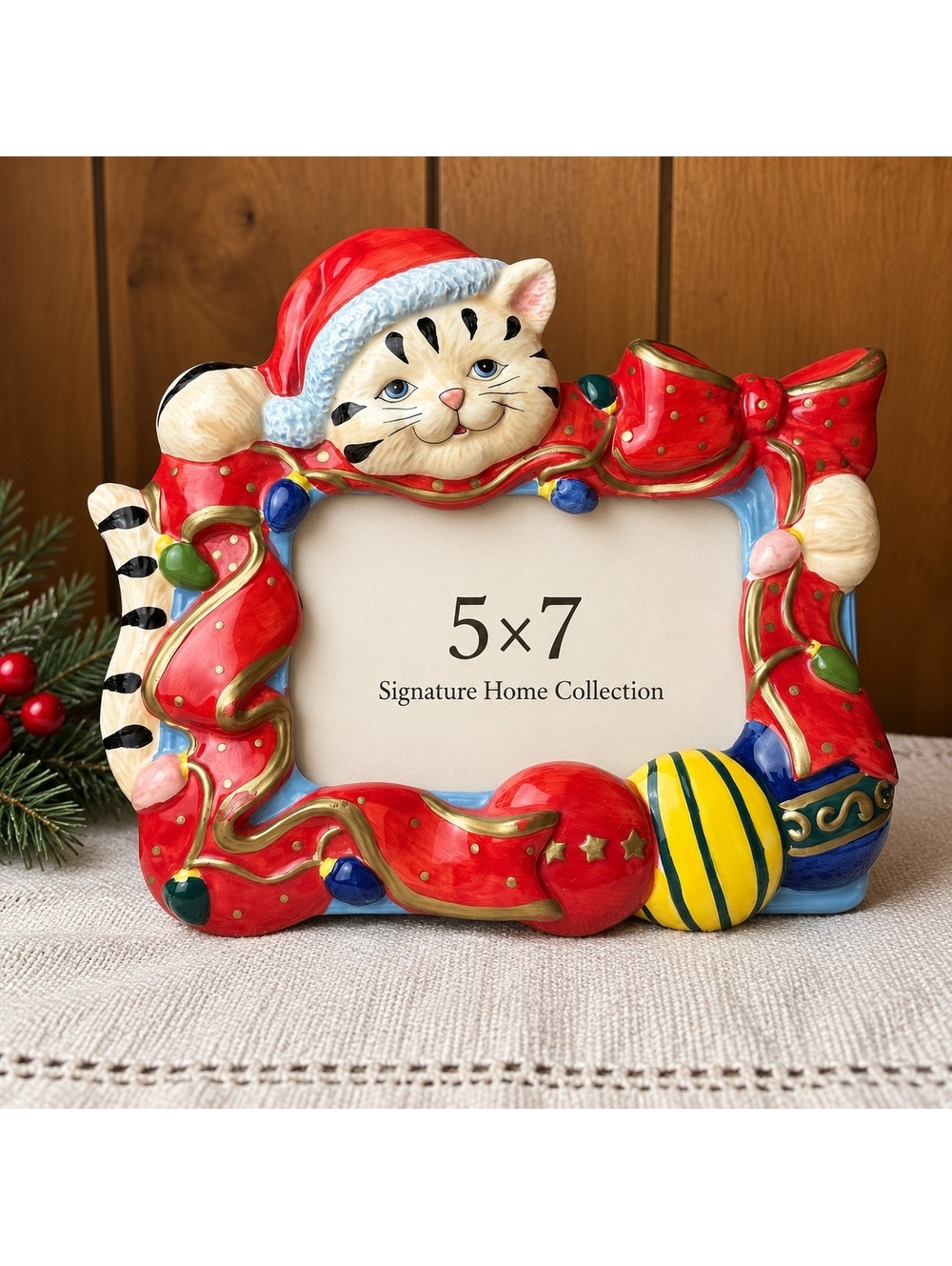 Vintage Christmas Cat Ceramic Picture Frame 5x7 Signature Home Collection